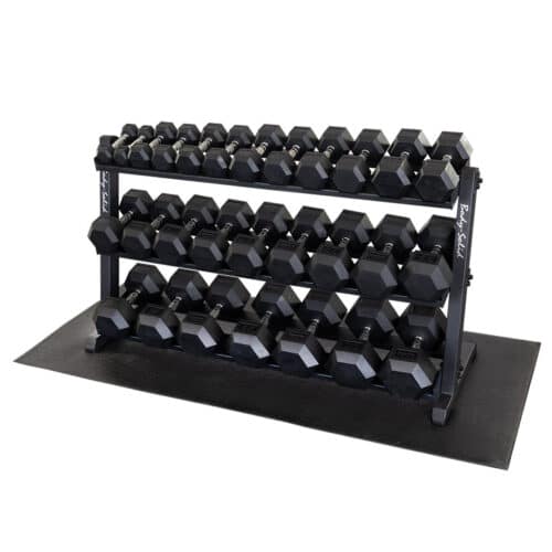 Body-Solid 5-70 lb. Rubber Coated Hex Dumbbell Set with Heavy Duty Storage Rack