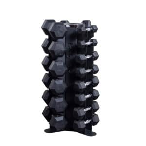 Body-Solid 5-50 lb. Rubber Coated Hex Dumbbell Set with Vertical Storage Rack