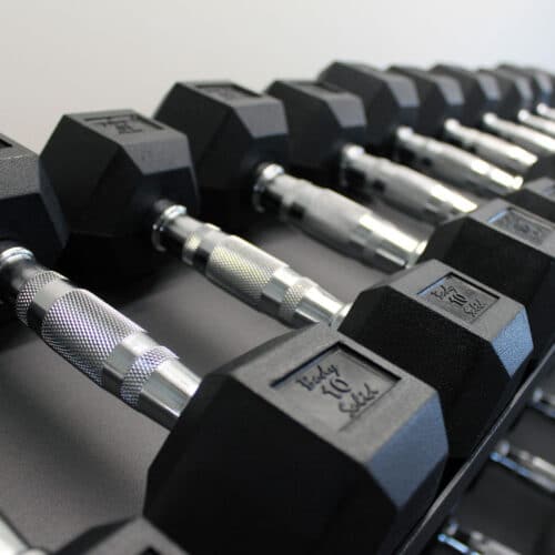 Body-Solid 5-70 lb. Rubber Coated Hex Dumbbell Set with Heavy Duty Storage Rack - Image 2